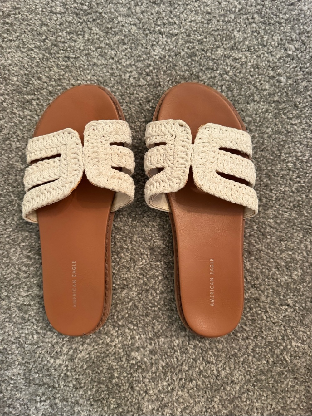 American Eagle Outfitters Cream Crochet Slide Sandals with Tan Footbed US 7